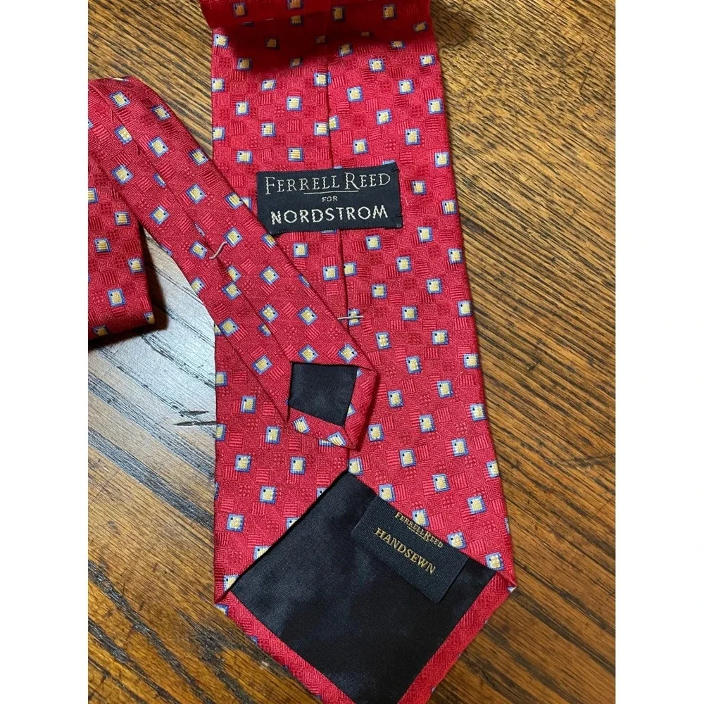 Ferrell‎ Reed for Nordstrom Red Silk Jacquard Geometric Handsewn Mens Tie Luxury